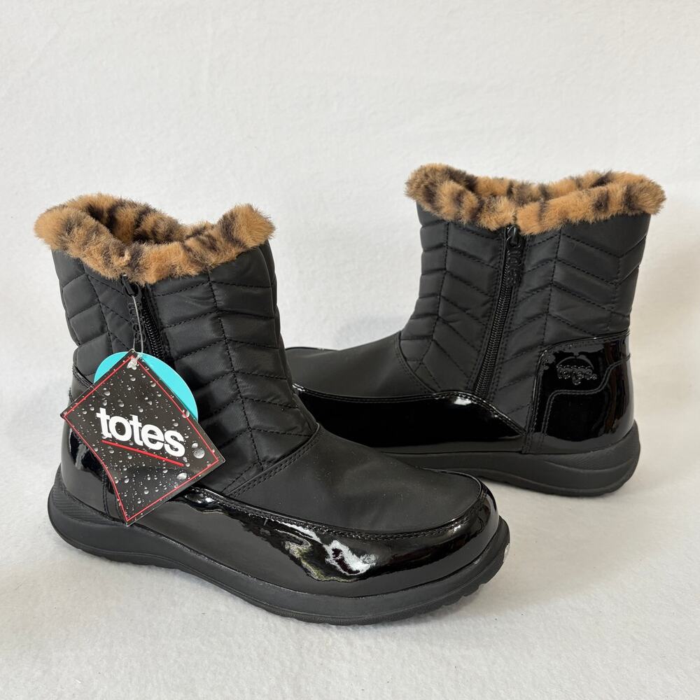 Totes Winter Boots Women’s 10 Black Cheetah Fur Lined Side Zip NWT Waterproof